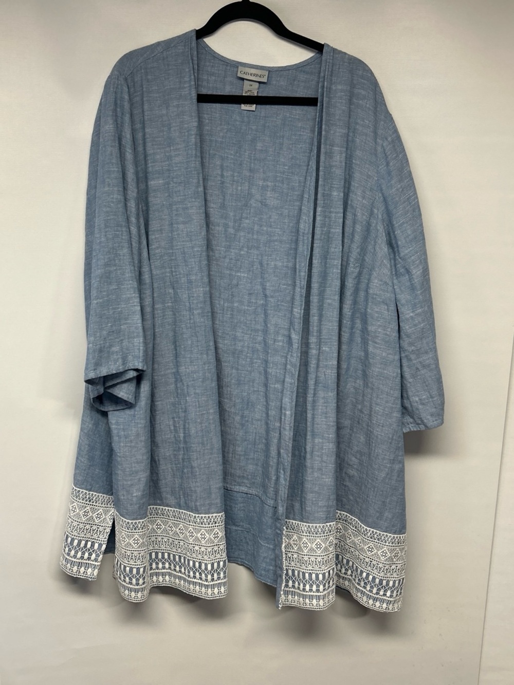 Catherines Light Blue Chambray Open Front Top with White Trim